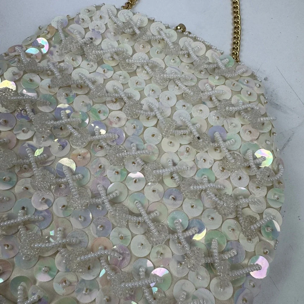 Vtg 1960s Hong Kong Beaded Sequin‎ Evening Bag White Iridescent Bridal Purse